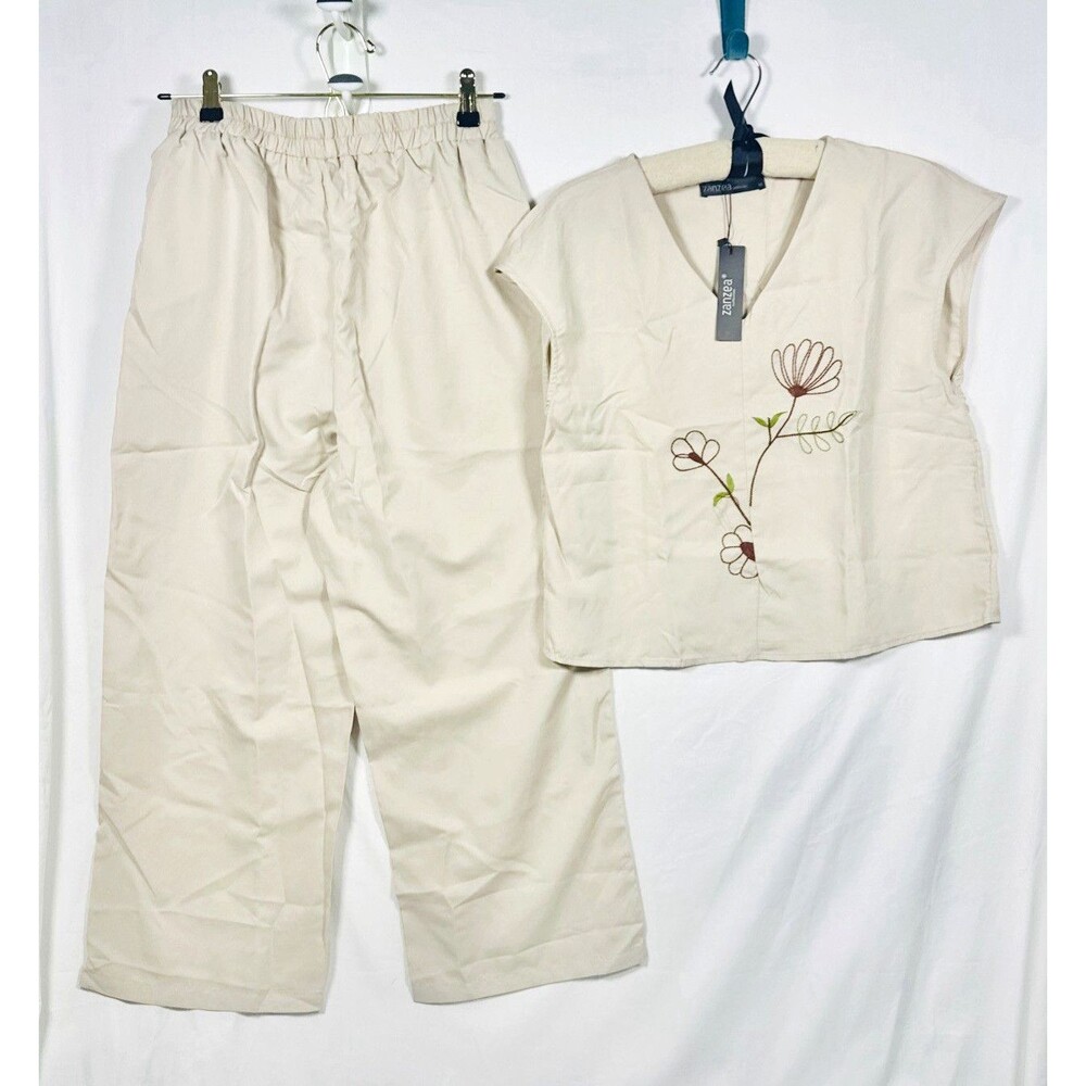 Zanzea Women’s Beige 2pc Outfit Set V-Neck Top & Pants Size M